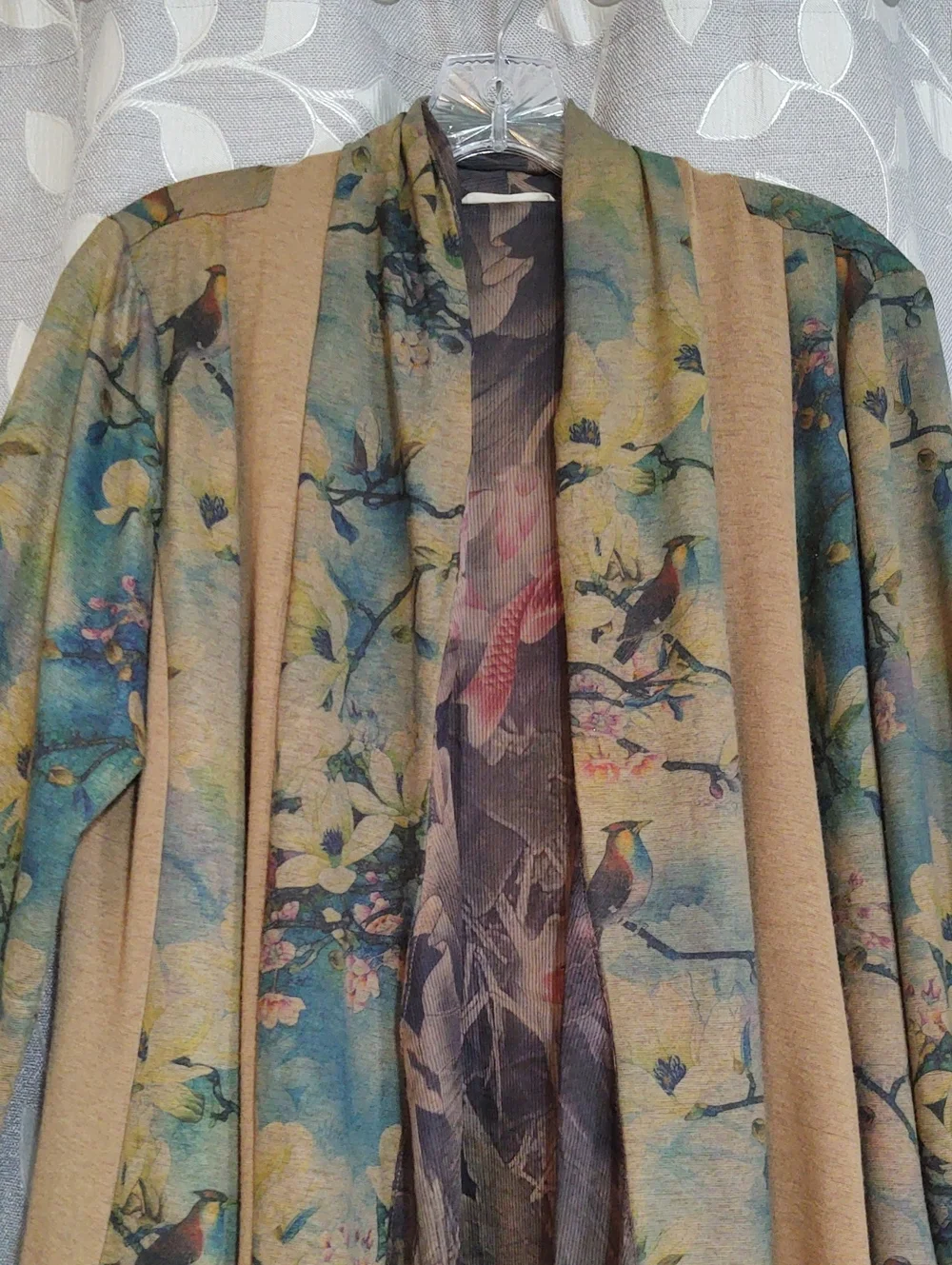Soft Surroundings Tan and Teal Scenic Print Open-Front Cardigan size M - Picture 2 of 7